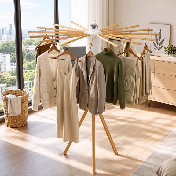 Clothes Drying Rack, Standing Tripod Laundry Drying Rack, Floor Standing Garment Clothes Dryer, Foldable Drying Racks for Laundry, White