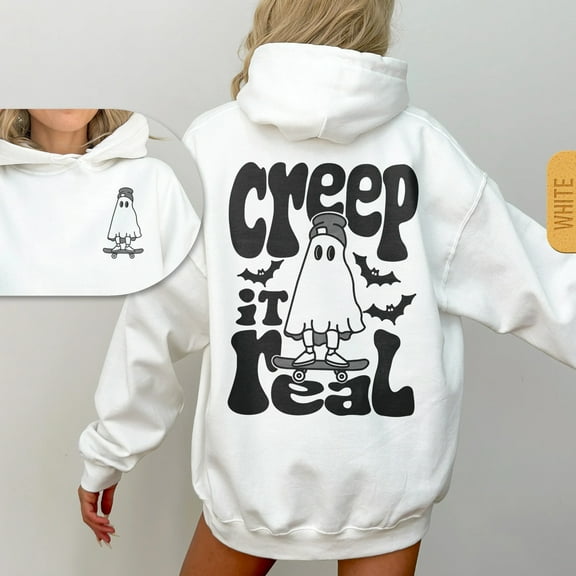 "Creep It Real" Skateboard Ghost Hoodie – Funny Halloween Pullover with Spooky Ghost Skater Graphic for Trendy Fall Streetwear