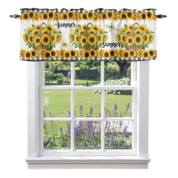 Summer Sunflowers Valances for Windows, Vintage Yellow Floral Butterfly Valance Window Treatment Rod Pocket Short Curtains Valances for Kitchen Bathroom 42"W x 12"L