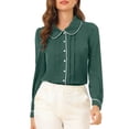 thumbnail image 5 of MODA NOVA Junior's Casual Peter Pan Collar Puff Sleeve Blouse Shirt Dark Green L, 5 of 6