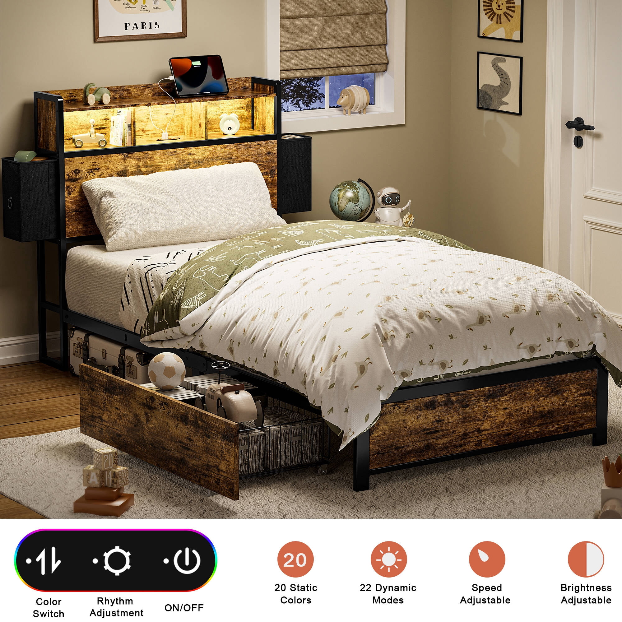 GUNAITO Twin Bed Frame with 2 Drawers Platform Bed Frame with with LED Lights&Charging Station Rustic Brown