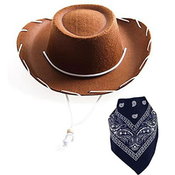 Funny Party Hats Cowboy Hat Brown Felt Cowboy Hat & Navy Bandana Western  Costume Hat Cowboy Costumes for 2 Pc Set 
