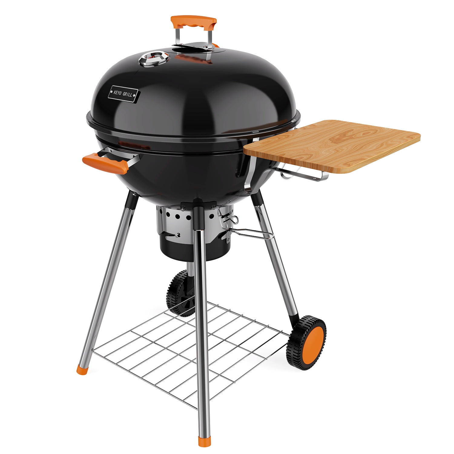 KEYO GRILL 21 in. Kettle Charcoal Grill with Removable Ash Catcher & Side Table, Thermometer, Black
