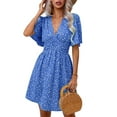 thumbnail image 2 of Women Summer Casual Floral Print Short Flutter Sleeve Mini Dress Casual Sundress V Neck Sun Dresses Blue XL, 2 of 9