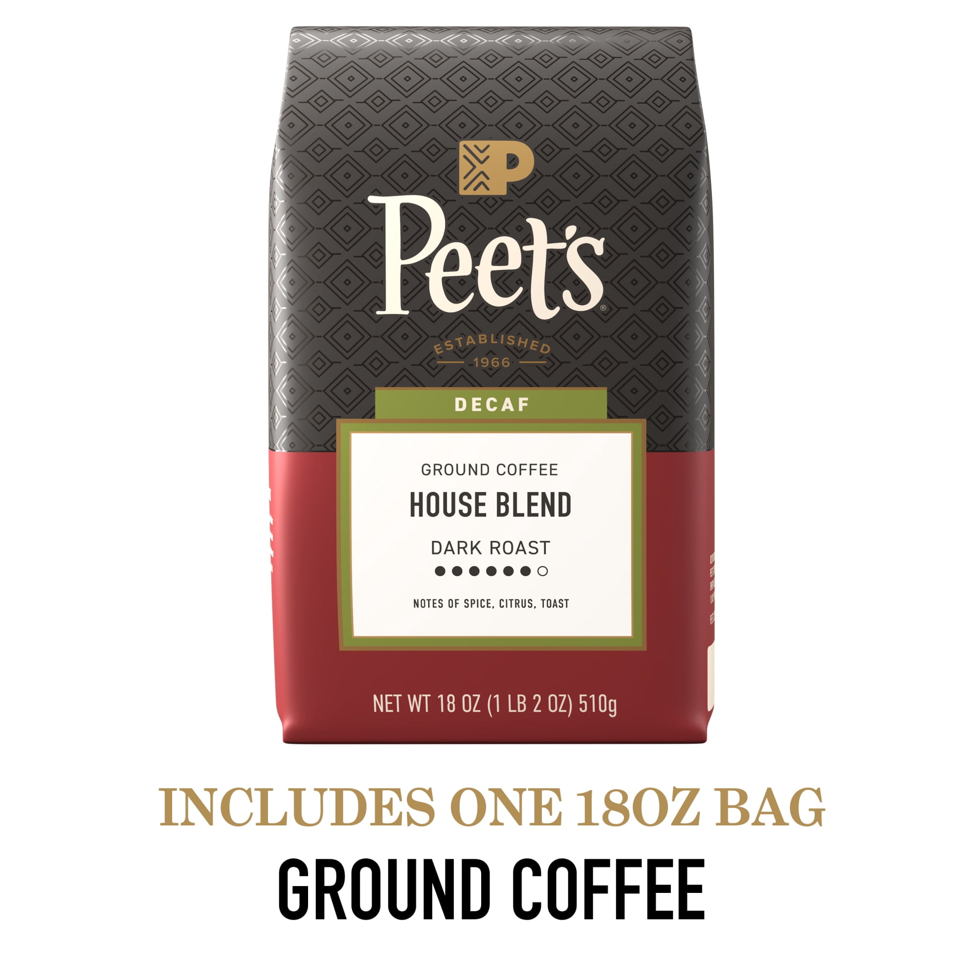Peet's Coffee Decaffeinated House Blend Premium Dark Roast Ground Coffee, Arabica 18 oz