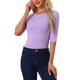 thumbnail image 1 of Camisetas casuales de ajuste slim para mujeres INSPIRE CHIC con mangas de codo y cuello barco en color púrpura claro, talla S, 1 of 6