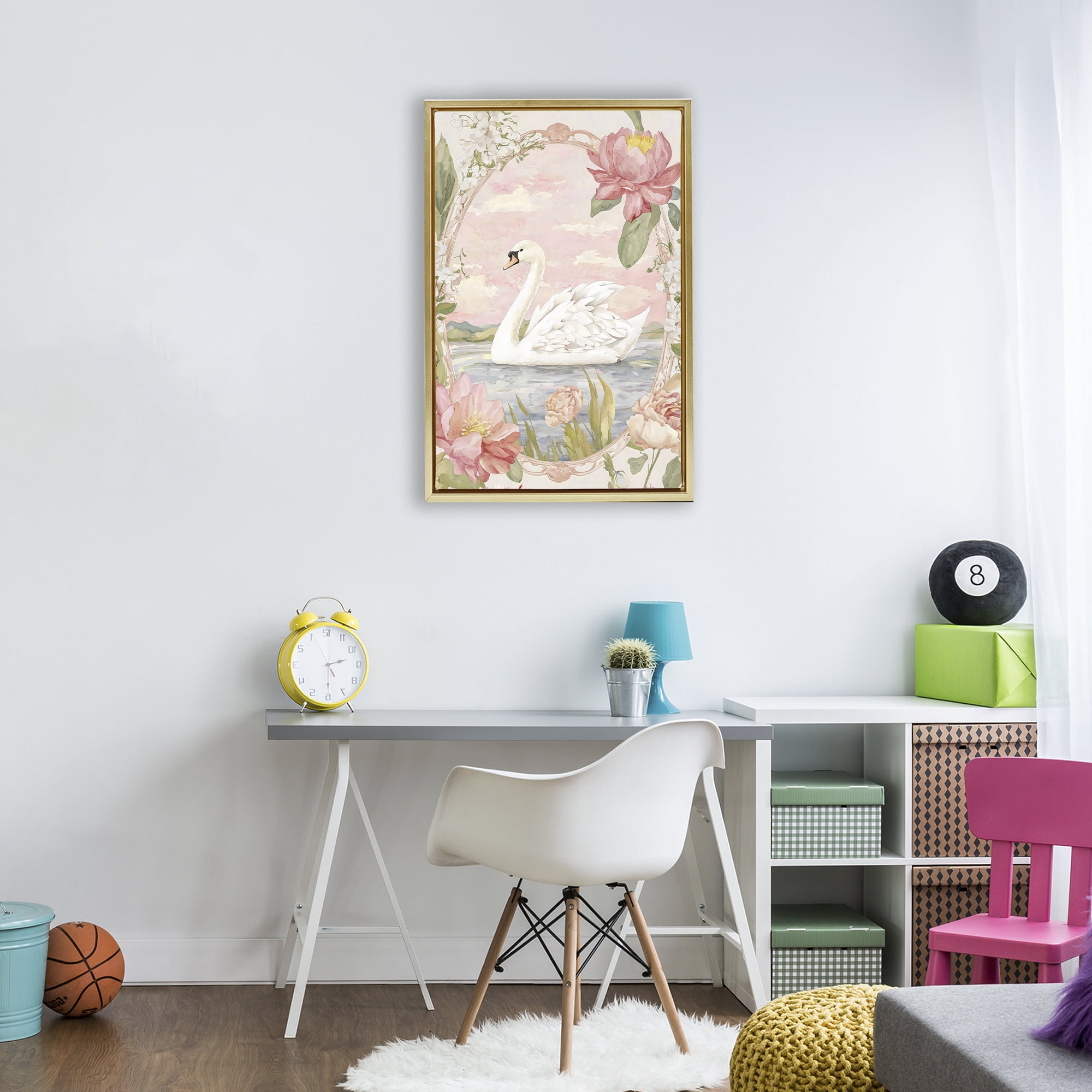 Stupell Industries Floral Border Swan in Bloom Gold Framed Floater Canvas Wall Art, design by Creative Studio