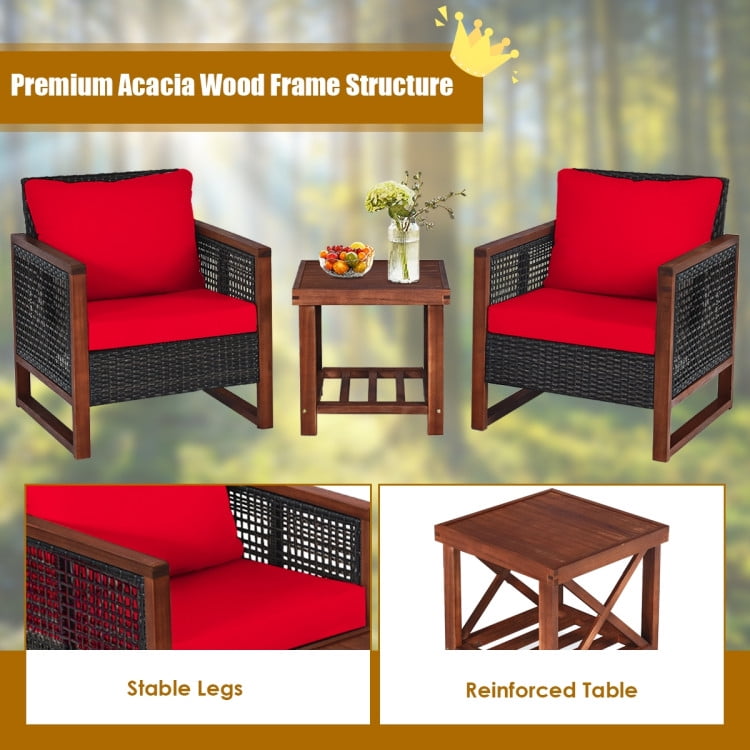 Aimee Lii 3 Pieces Patio Rattan Furniture Set with Washable Cushion and Acacia Wood Tabletop, Small Patio Set, B-Red Aimee Lii 3 Pieces Patio Rattan Furniture Set with Washable Cushion and Acacia Wood Tabletop, Small Patio Set, B-Red