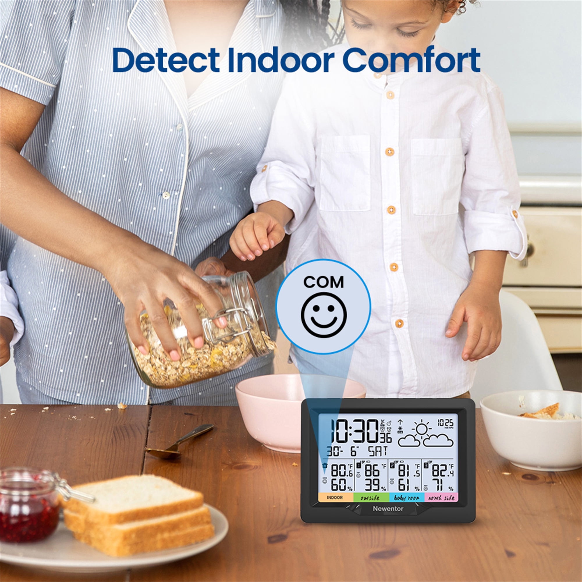Newentor 6" Digital Display Weather Station for Home with 3 Outdoor Sensors, Indoor Outdoor Thermometer, Black