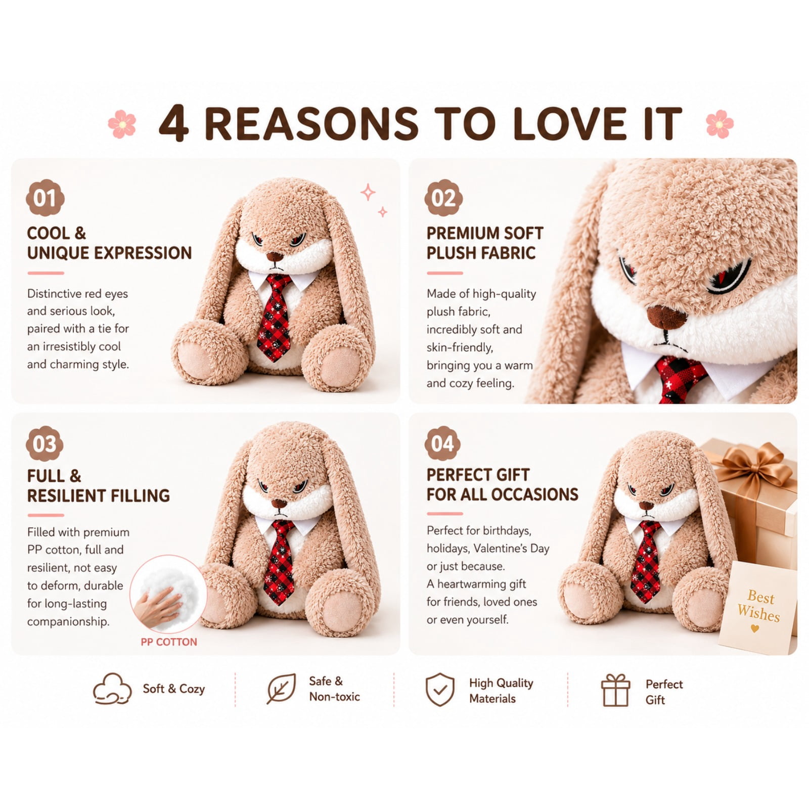 Long Ear Bunny Plush Toy with Tie Soft Stuffed Rabbit Doll Cute Gift Plushie