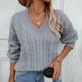 thumbnail image 4 of RYRJJ Womens V-Neck Sweaters Long Sleeve Cable Knit Pullover Tops Fall Fashion Casual Loose Fit Chunky Sweater(Gray,XL), 4 of 9
