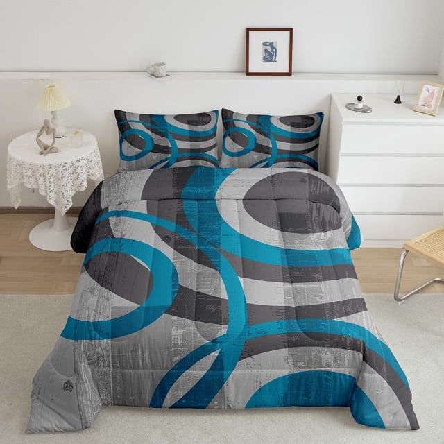 Erosebridal Gray Blue Bedding Full Comforter Set, Abstract Swirl Circle Down Comforter, Geometric Bedroom Decor Microfiber 3pcs