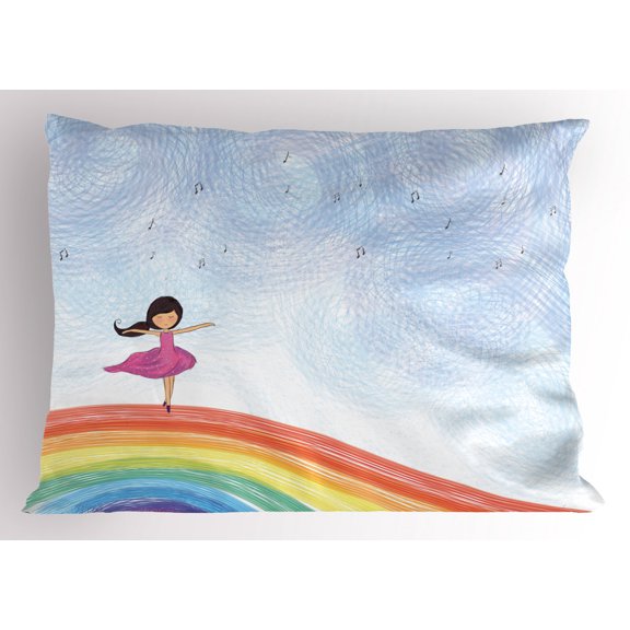 Ambesonne Ballerina Pillow Sham, Girl Dances on Rainbow, 36" X 20", Multicolor