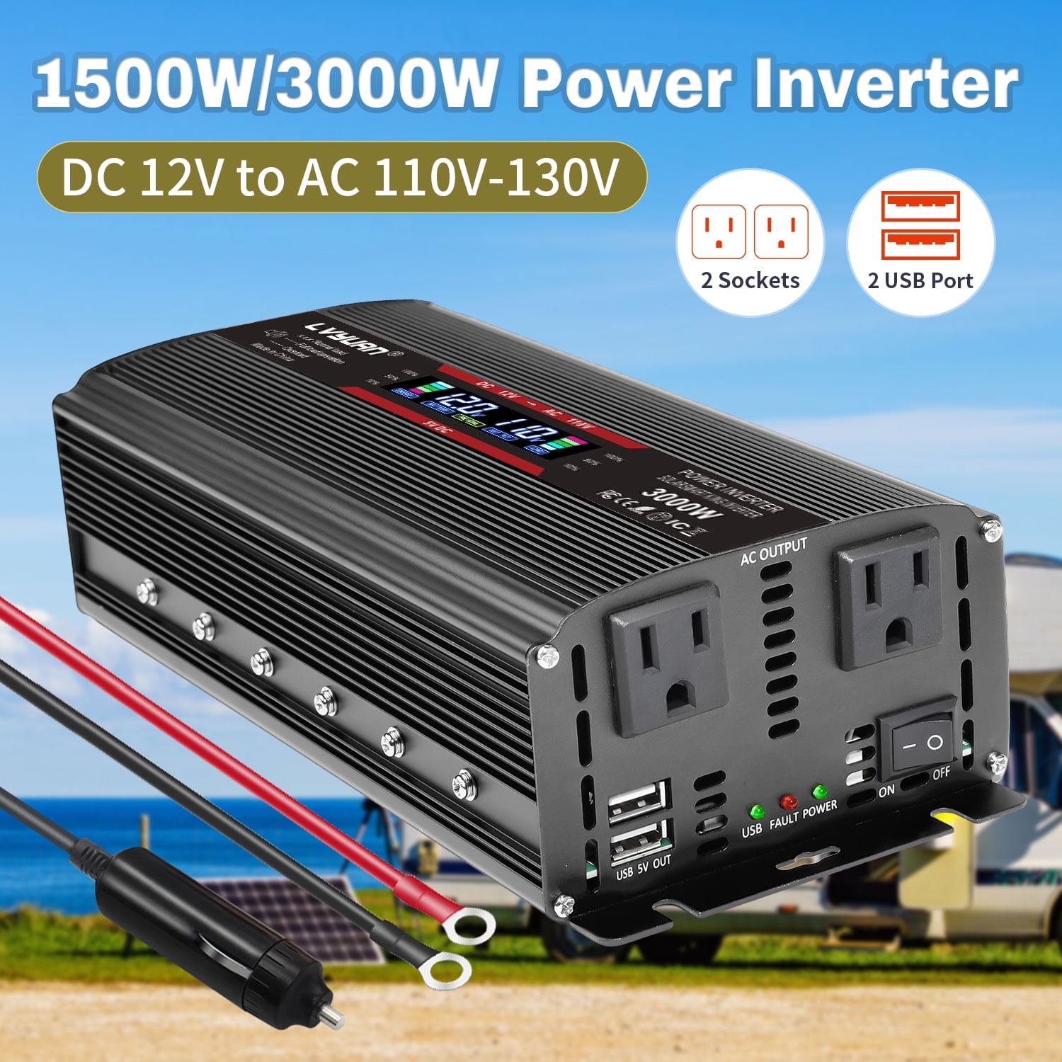 LVYUAN 1500W 3000W Peak Modified Sine Wave Power Inverter - DC 12V to 110V AC, Dual AC Outlets & Dual USB Ports, LCD Display, Black - Ideal for Car, RV, Camping & Home Backup