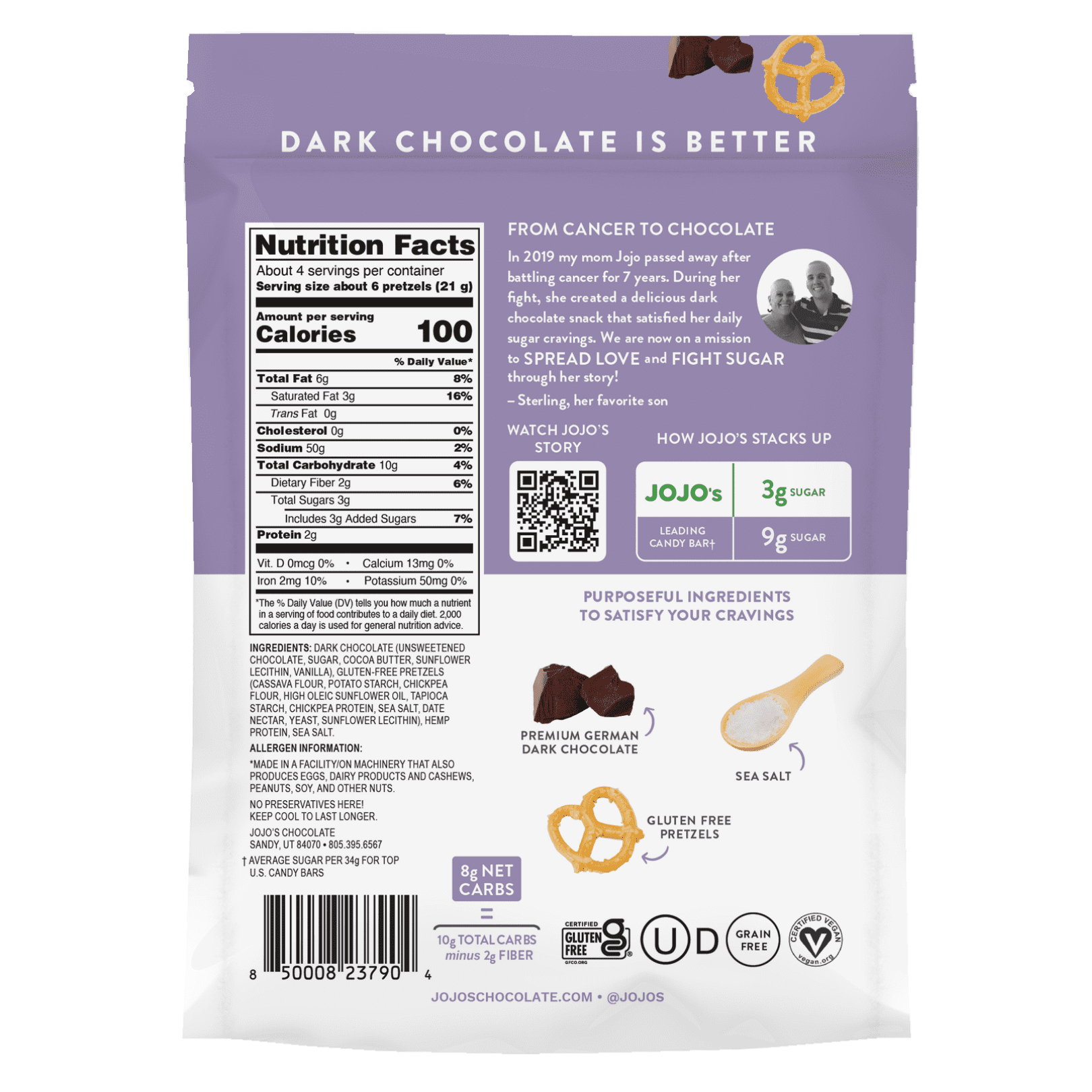 (Pack of 6), JoJo's Dark Chocolate Covered Pretzels, 3 oz