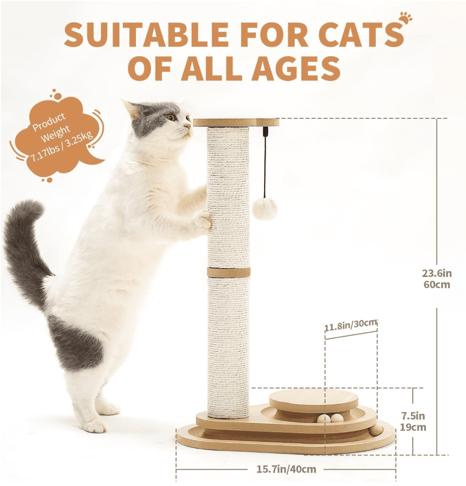 Cat Scratching Post Cat Scratcher Kitten Toys for Indoor Cats Wooden Ball Track Two-Layer Modern Sisal 23.4" Tall Scratch Post Interactive Toy with Dangling Ball Middle Size