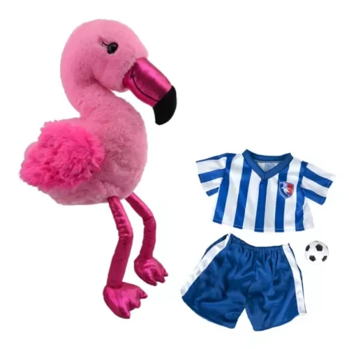 Plush Gear 16" Flamingo Stuffed Animal in Soccer Uniform with Soccer Ball