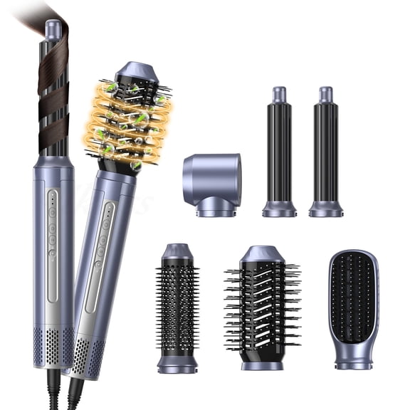 The Ultimate 6-in-1 Hair Styling System with High-Speed Motor, Professional Hot Air Dryer Brush Kit with Coanda Auto-Wrap Curlers, Ionic Frizz Control & 5 Attachments, Ice Blue