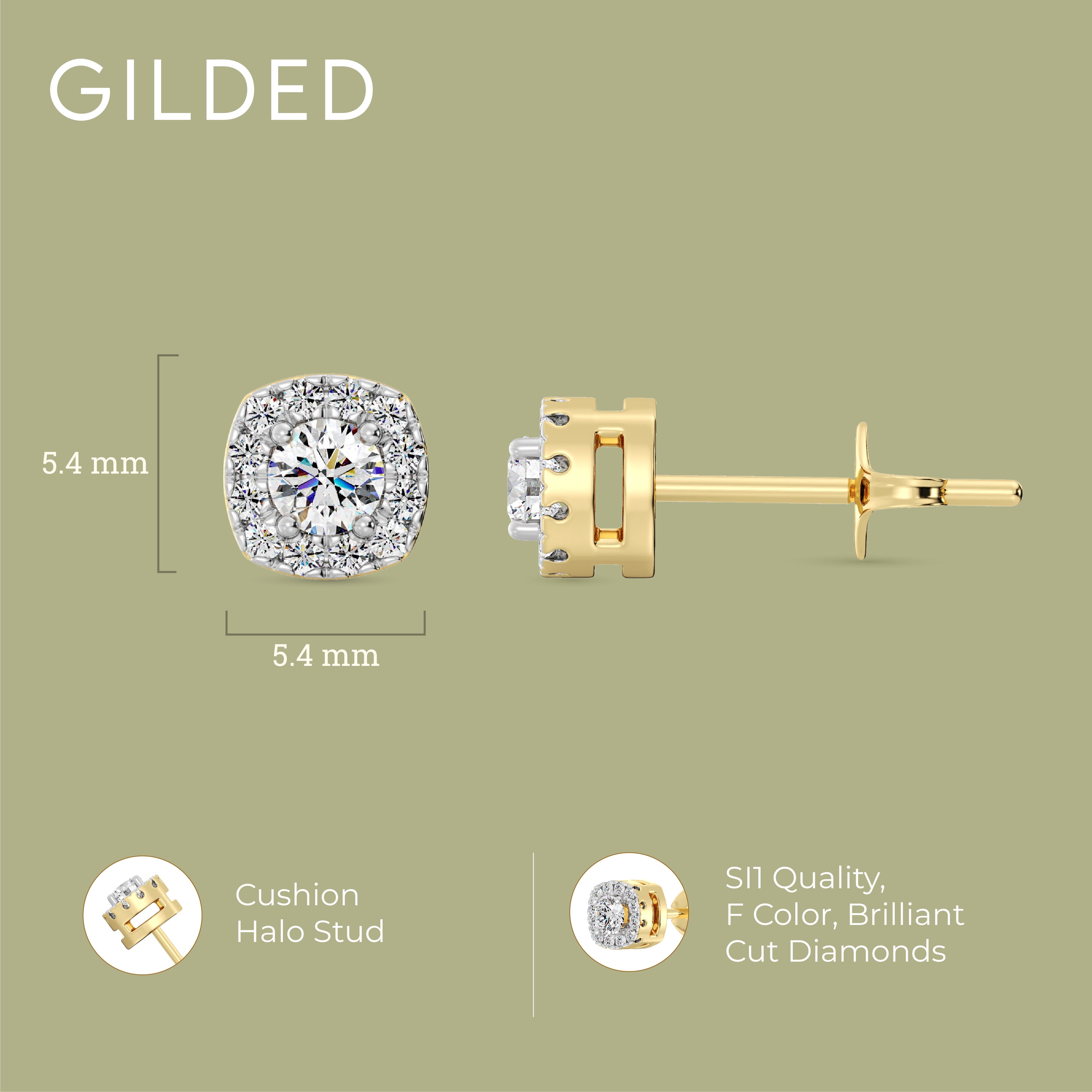 Gilded 1/4 Carat Total Weight Lab-Grown Diamond 14KT Yellow Gold Plated Silver Stud Earrings for Women, Cushion Halo Studs Hypoallergenic Fine Jewelry, Prong Setting Push Back Nut SI1 Clarity F Color
