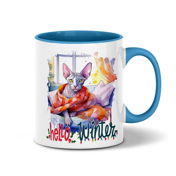Watercolor Hello Winter Sphynx Chill Christmas Welcome 11oz Accent Two-tone Mug Cat Lover Kitten Owner Gifts Idea Coffee Tea Cup - 00016