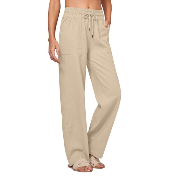 Womens Pants Solid Color Vacation Women's Linen Long Pants With side pockets Joggers Wide Leg Drawstring Waist Pocket Lounge Pants Lightweight Travel Outfit Summer Beach Lightweight Pants for Women