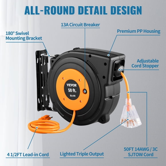 Carrete de extensión retráctil VEVOR, cable de alimentación SJTOW de 14 AWG/3C resistente de 50 pies con toma de corriente triple iluminada, disyuntor de 13 amperios, soporte girat