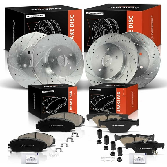 A-Premium Front and Rear Drilled and Slotted Disc Brake Rotors   Ceramic Pads Kit Compatible with Select Subaru Models - Legacy 2016 2017 2018 2019, 12-PC Set