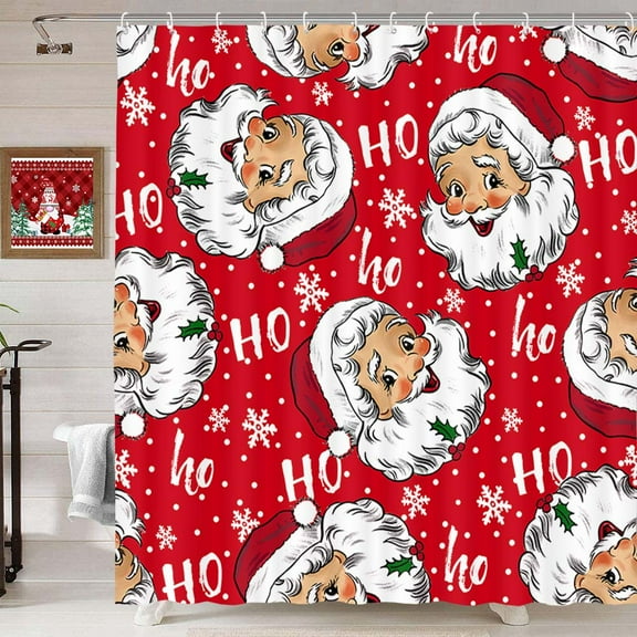 Merry Christmas Shower Curtain for Bathroom, Vintage Santa Claus Red Fabric Bath Curtains, Retro Xmas Cute Holiday Fabric Bath Accessories Curtains Decor with Hooks72X72 Inches