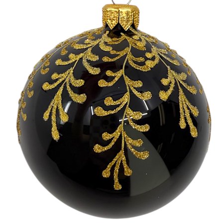 Black and Gold Blown Glass Ornament - European Mouth-Blown Bauble Holiday Christmas Tree Decoration, Leaf Design