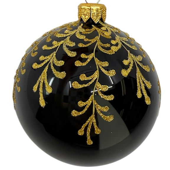 Black and Gold Blown Glass Ornament - European Mouth-Blown Bauble Holiday Christmas Tree Decoration, Leaf Design