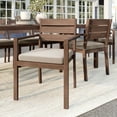 thumbnail image 3 of Martha Stewart Set of 2 Indoor-Outdoor Stackable Patio Dining Armchairs with Brown Brushed Woodgrain Aluminum Finish and Cream All-Weather Seat Cushions, 3 of 11
