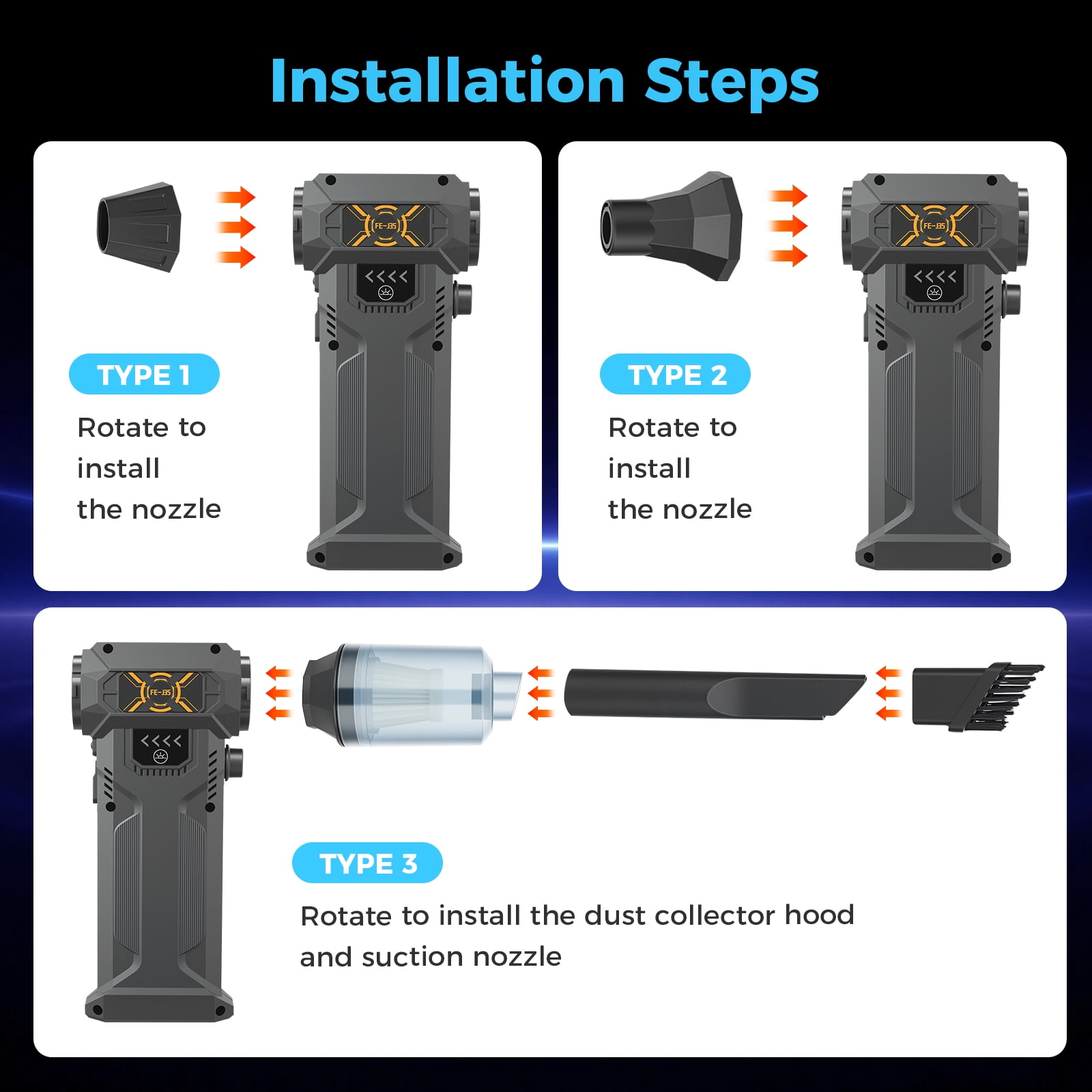 BAOKALER 280000RPM Air Duster, Brushless Compressed Air Duster for Blowing and Suction, 8AH Battery and LED Light, Adjustable Air Blower for Outdoors,Car,Home