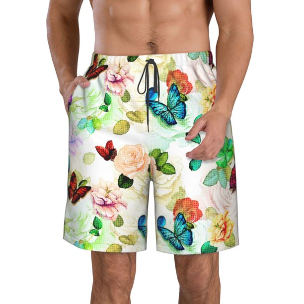 Balery Floral Vintage Traje de Baño Estilo Hawaiano para Hombre, Shorts de Secado Rápido con Bolsillos-Small