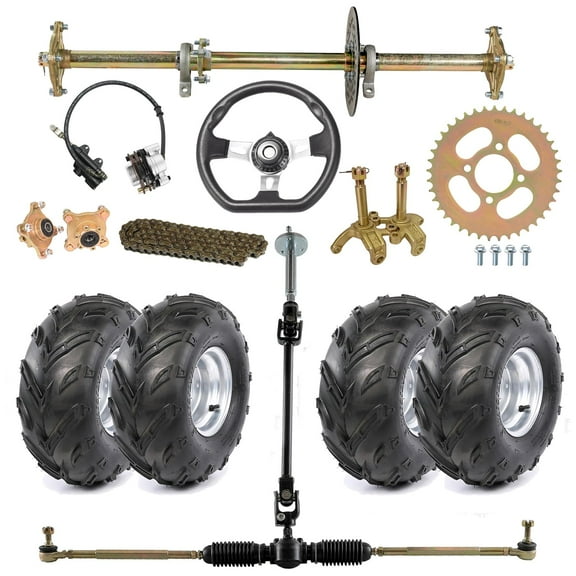 Complete 32-Inch Rear Axle Kit, DIY Go-Kart Live Axle for ATVs, Quads, Buggies, Go Karts, and Golf Carts - Includes 16x8-7 Wheels, Steering Gear Racks Shaft, Brakes, Hubs and Chain Sprocket