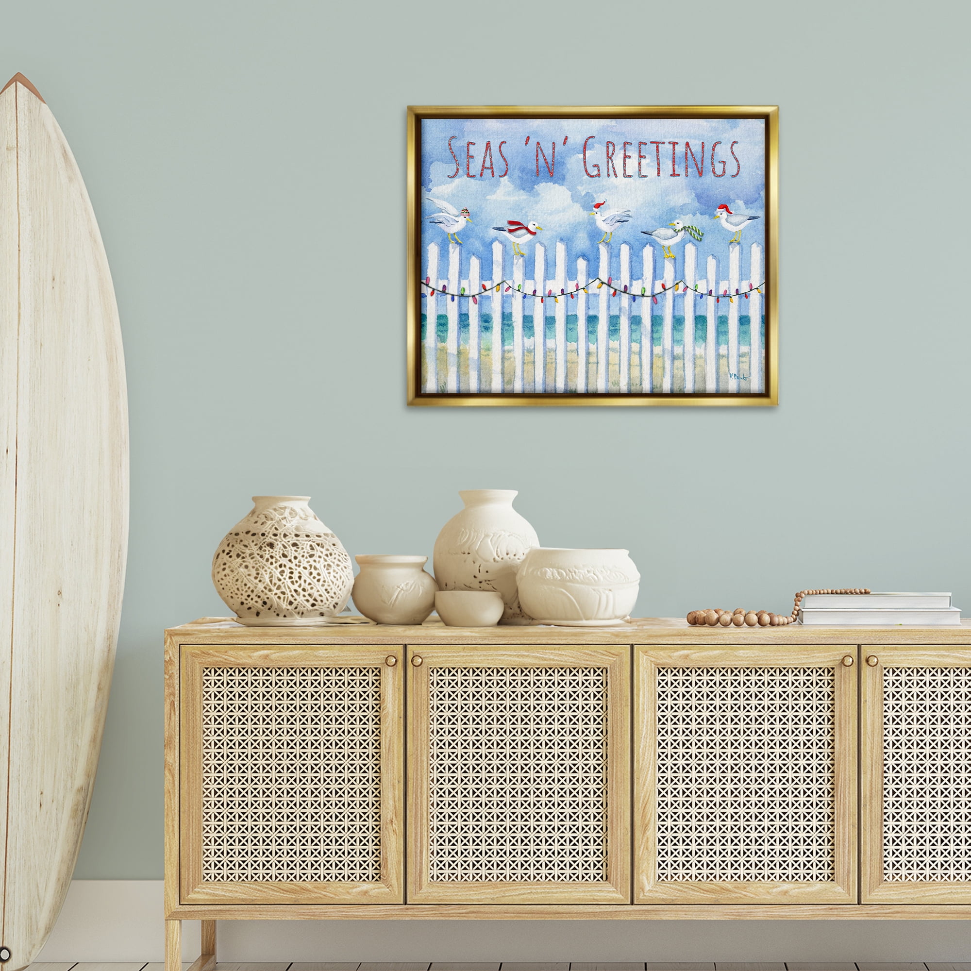 Stupell Industries Seas 'n' Greetings Seagulls Holiday Painting Gold Floater Framed Canvas Art Print Wall Art, 31 x 25