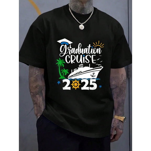 Senior Graduation Trip Cruise 2025 Aw Ship Party Cruise T-Shirt - 100% Cotton Summer Tops Graphic Tees, Men T Shirts, Casual Short Sleeve Crew Neck T-Shirt For Spring & Summer