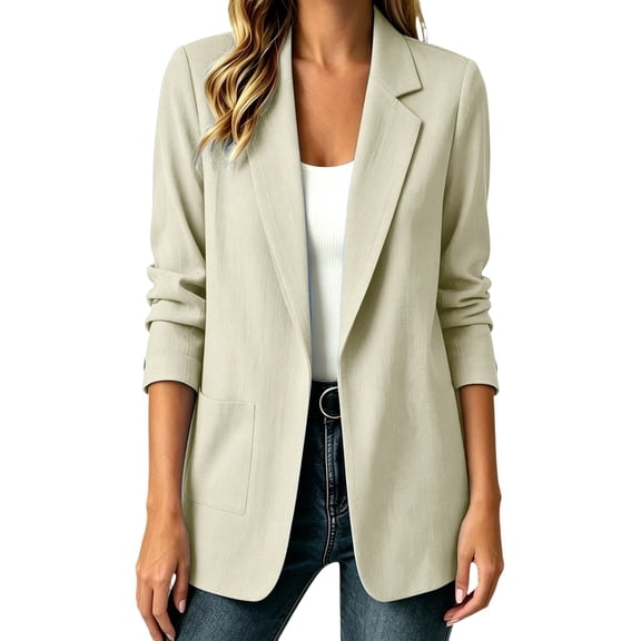 Staron Women's Cotton Linen Blazer Lightweight Casual Long Sleeve Button Down Collared Work Jacket Solid Business Cardigan Tops Beige L