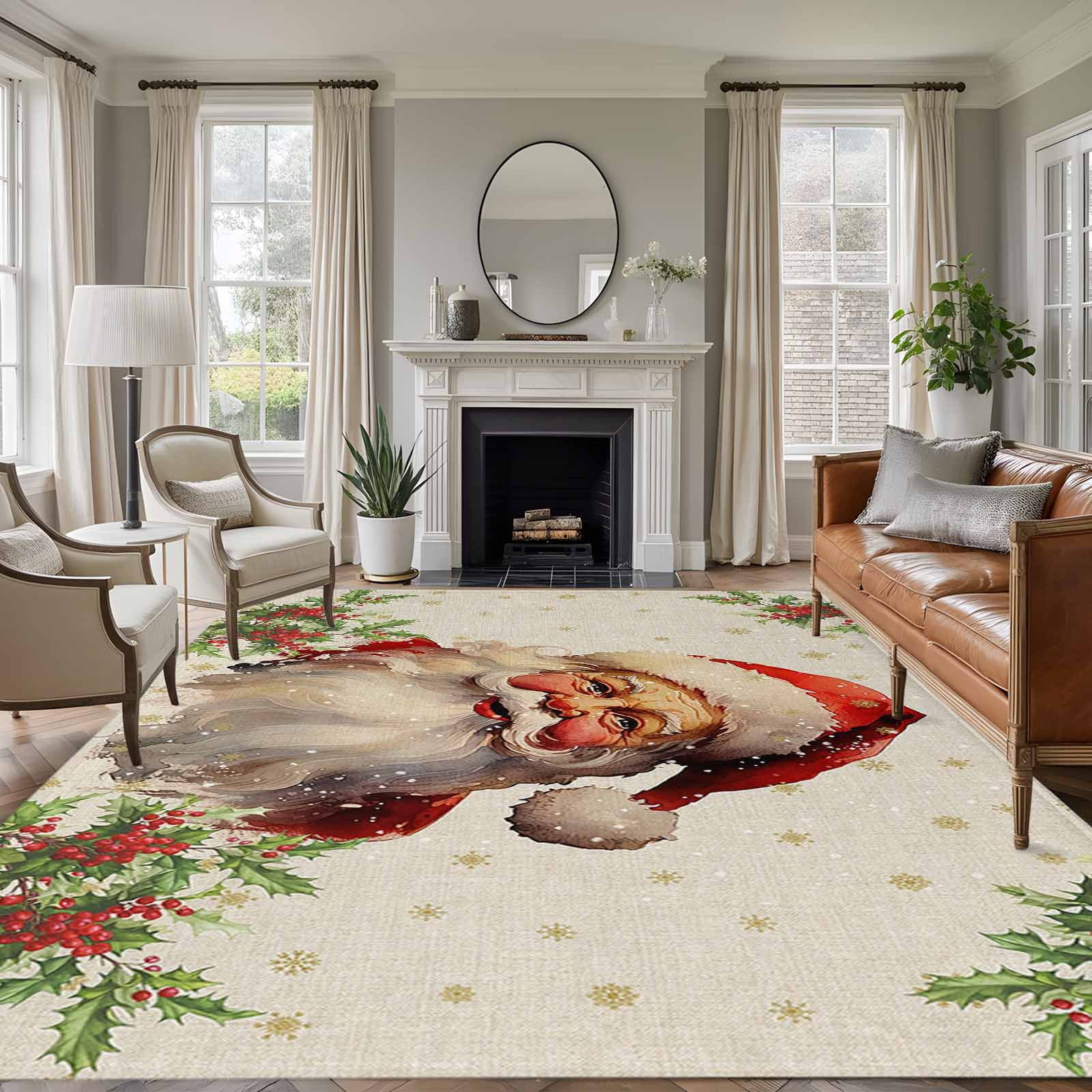 5 x7 Area Rugs Christmas Indoor Outdoor Area Rug for Living Room Bedroom Xmas Santa Berry Botanical Winter Snowflake Washable Bathroom Rugs Kitchen Floor Carpet Mats Home Decor Aesthetic