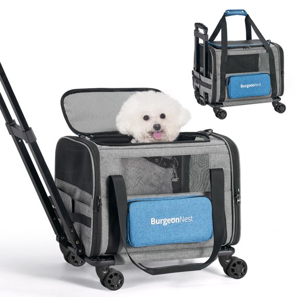BurgeonNest Transporteur pour Chat avec Roues, Transporteur pour Animal de Compagnie à Roulettes 16.5âX11 X11 Approuvé par les Compagnies Aériennes avec Poignée Télescopique et Bandoulière, Petits Chiens Animaux de Compagnie de Moins de 15 Lb