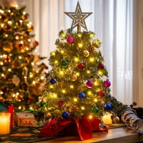 Joyfy 24 Inch Mini Christmas Tree with Lights,Prelit Artificial Christmas Tree with Decorations Holly Berries,Pine Cones,Light Up Christmas Ornaments Table Decor