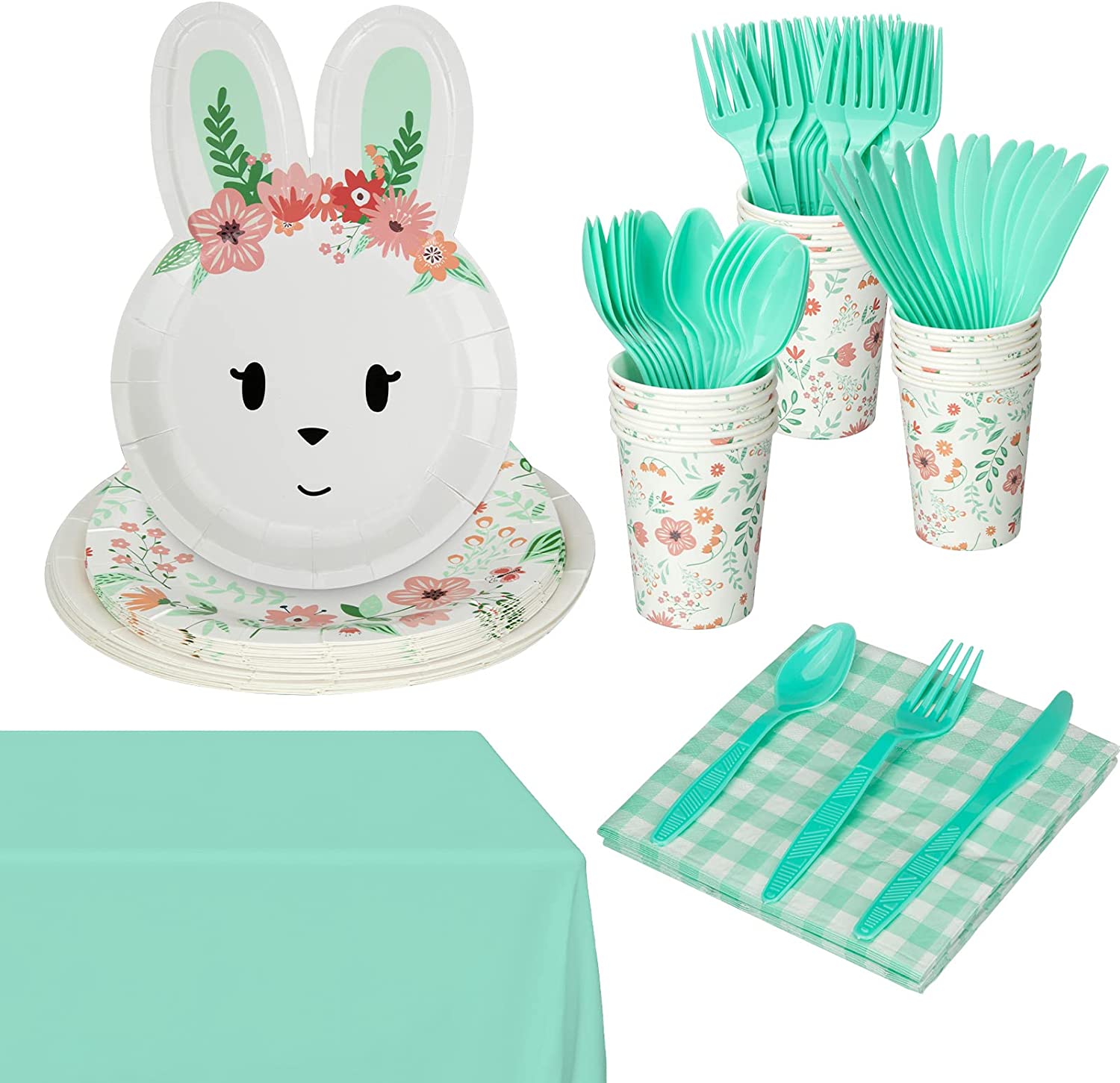 Fashionwu 117 Pcs Easter Disposable Dinnerware Set, Easter Green Decorations Paper Plates, Service for 16 Easter Party Supplies Includes Plates Cups Knives Forks Spoons Napkins Tablecloth - image 1 of 9