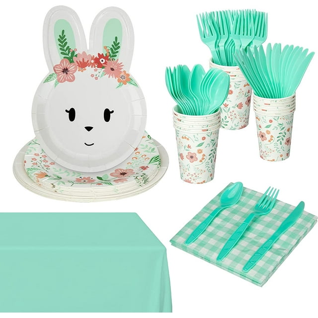 Fashionwu 117 Pcs Easter Disposable Dinnerware Set, Easter Green Decorations Paper Plates, Service for 16 Easter Party Supplies Includes Plates Cups Knives Forks Spoons Napkins Tablecloth