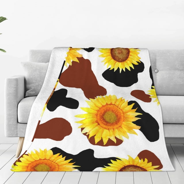 Fotbe Cow Print Sunflower Manta de Franela Acolchonada con Estampado, Súper Suave y Esponjosa, Extra Grande para Sofá, Cama, Uso Todo el Año-40"x30"