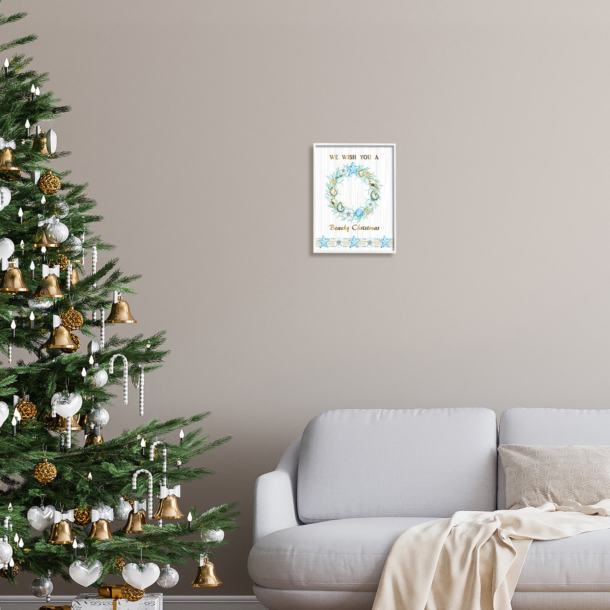 Beachy Christmas Sea Life Seashell Wreath Pattern Coastal Graphic Art Framed Art Print Wall Art