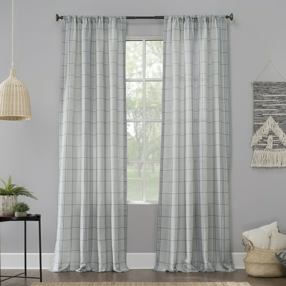 No. 918 Castille Farmhouse Plaid Linen Semi-Sheer Rod Pocket Curtain Panel, 54"x84", Blue