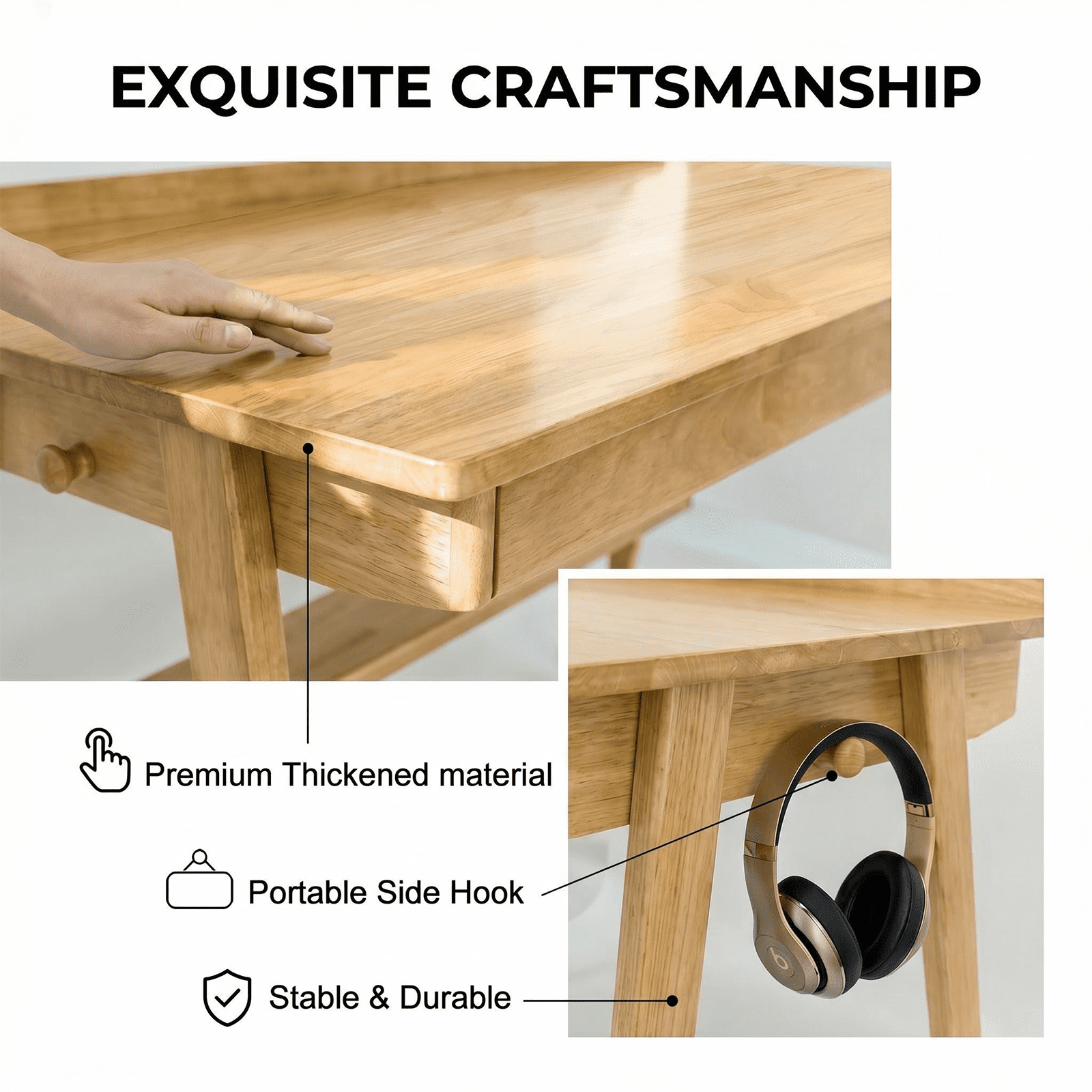 Solid Wood Writing Desk, Mid Century Modern Home Office Desk with 2 Drawers, Storage Shelf and Side Hooks, Wooden Study Desk for Bedroom Small Spaces