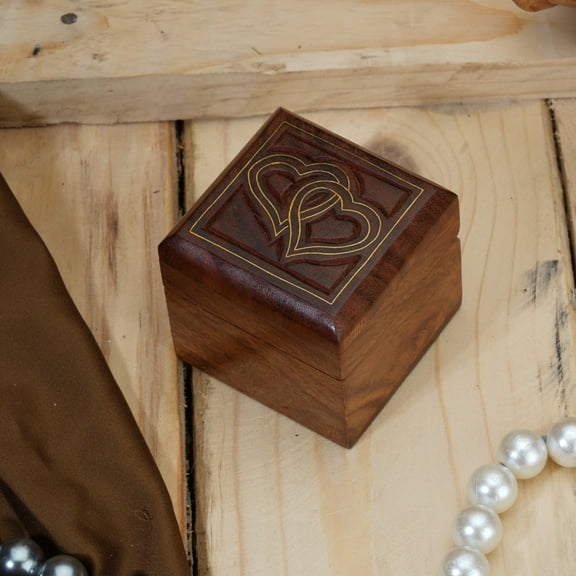 Ajuny Wooden Handmade Decorative Ring Box Heart Design Carved Rustic Wedding Engagement Decorations