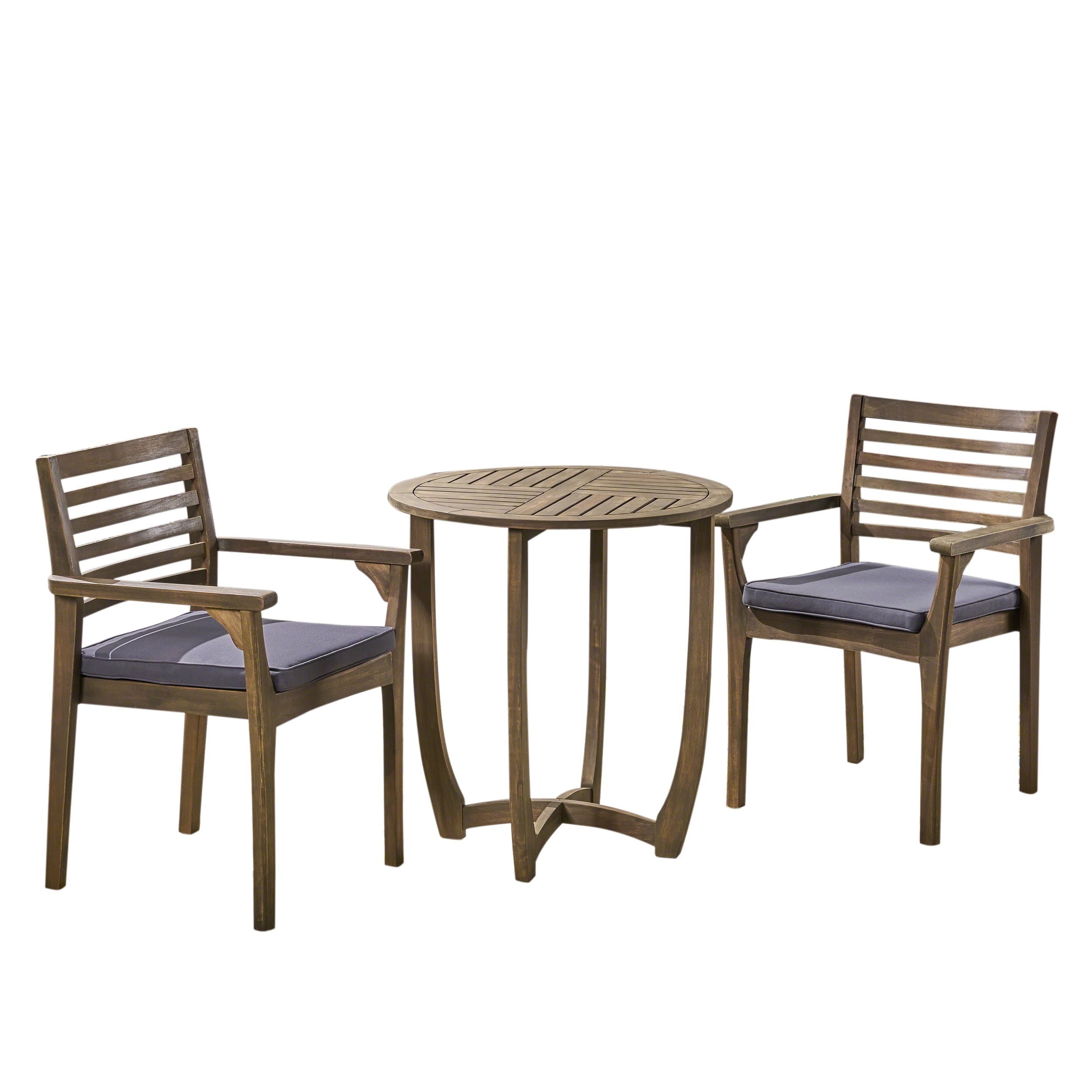 Frederic Outdoor 3 Piece Acacia Wood 28" Round Bistro Set with Closed Legs and Cushions, Gray, Dark Gray