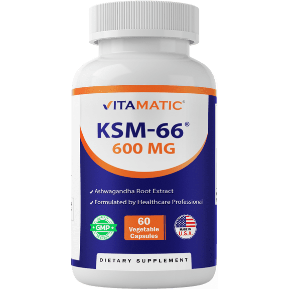 Vitamatic KSM-66 Ashwagandha Root Extract   Bioperine - 600mg, 60 Veggie Caps (1200 mg per 2 Capsules)