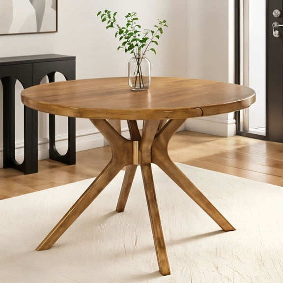 Plank Beam Verso Round Dining Table, 47" Solid Wood Kitchen & Dining Room Table, Pecan